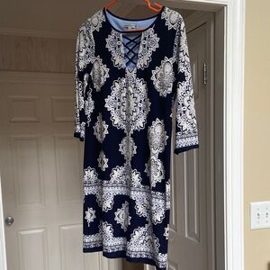 Sandra Darren Navy and White Dress for Formal Occasions